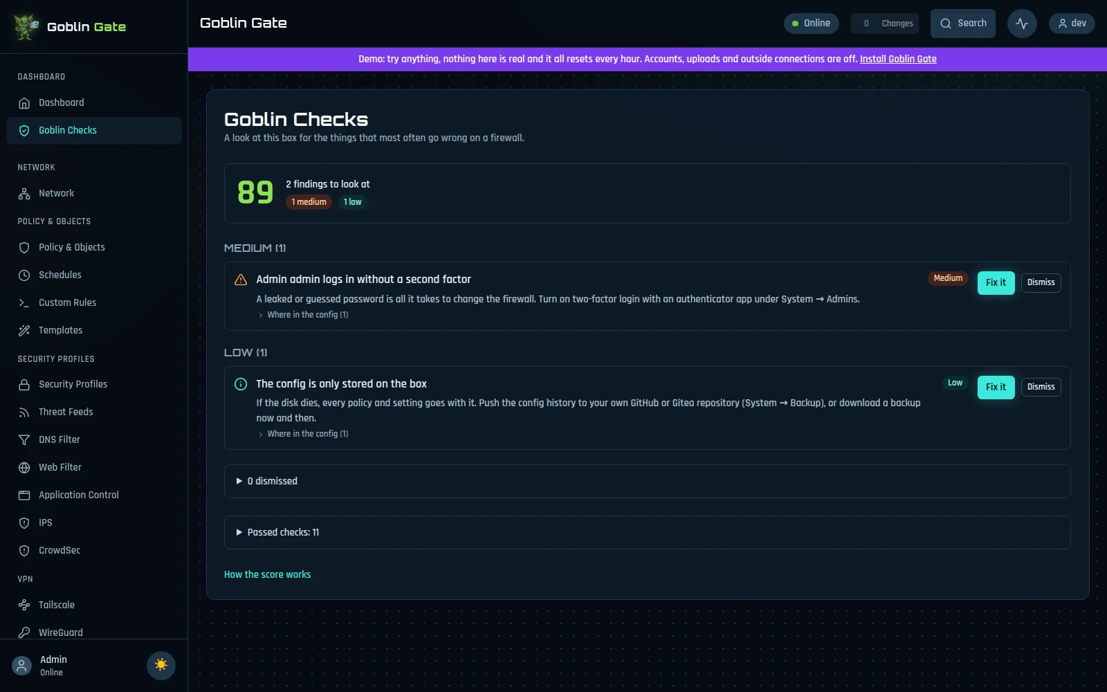 Goblin Checks: a score of 89 with two findings, each with Fix it and Dismiss buttons