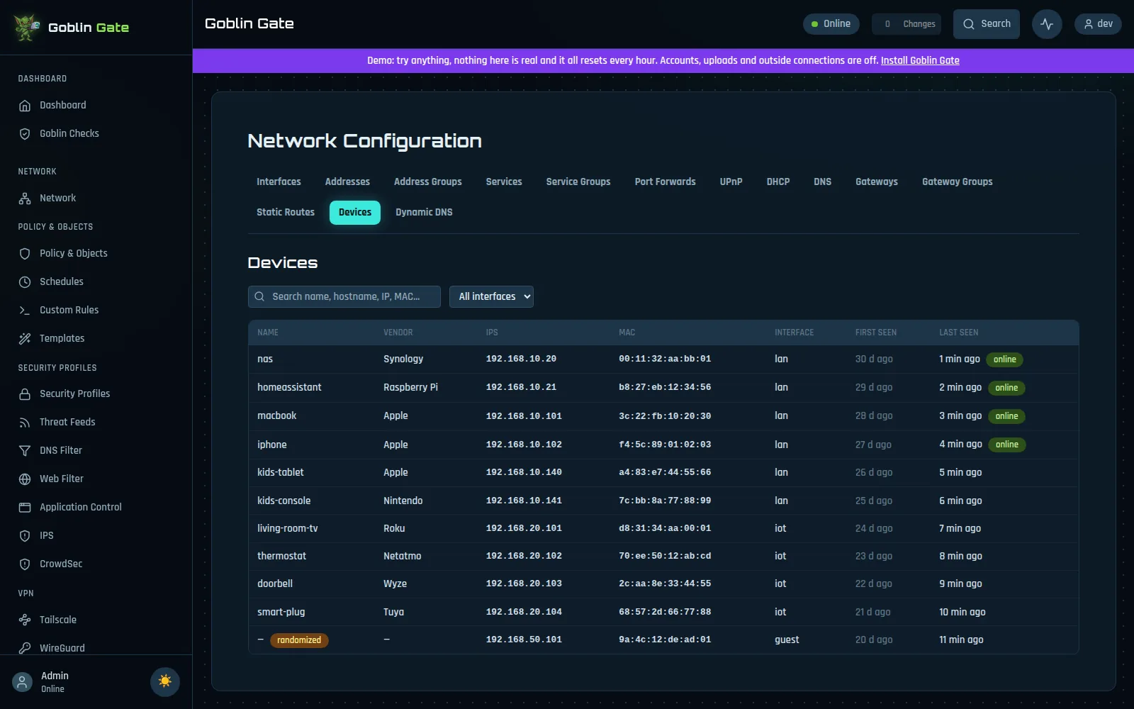 Devices: everything on the network with vendor, IP, MAC, interface, first and last seen