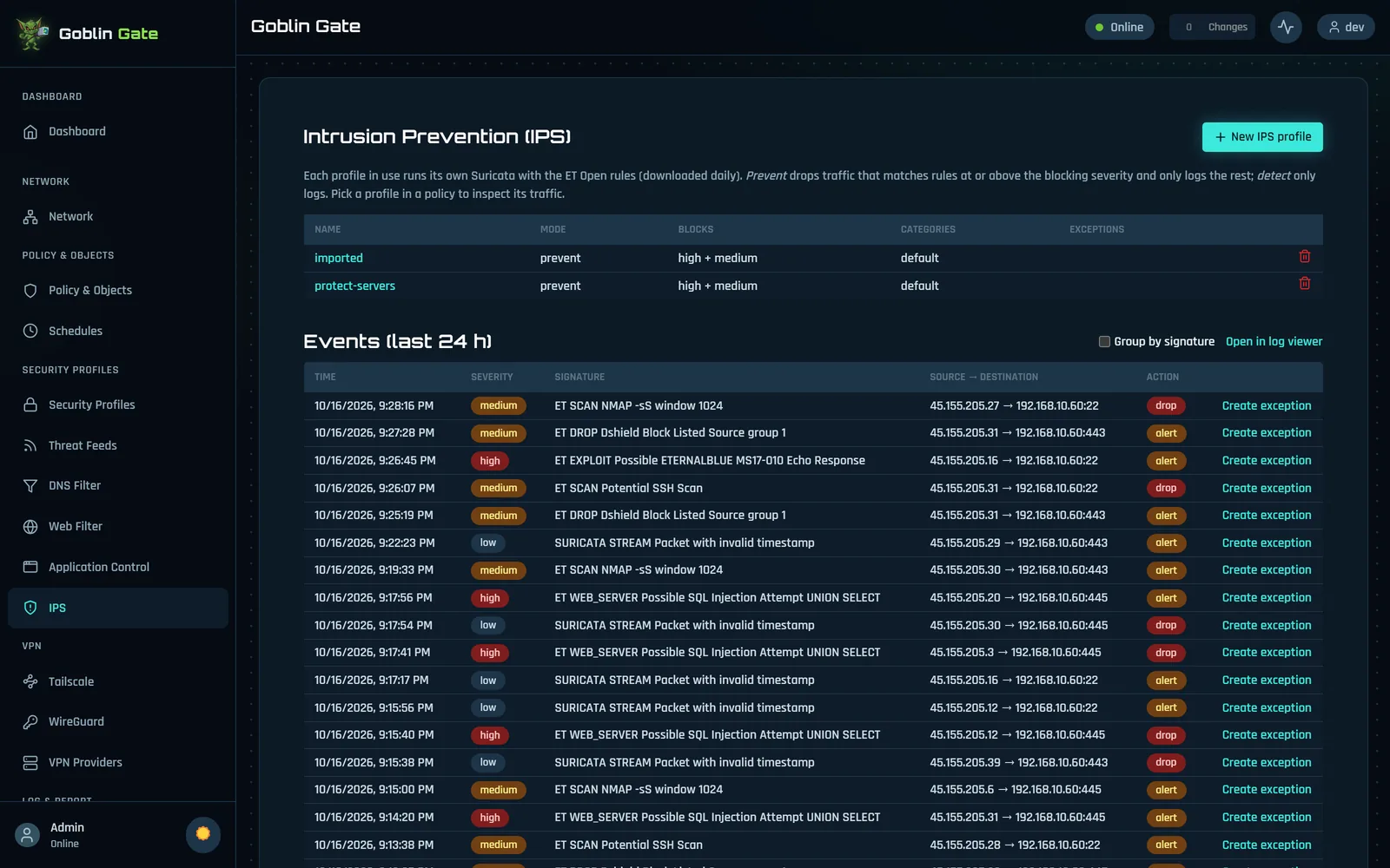 Intrusion prevention page with IPS profiles and recent events