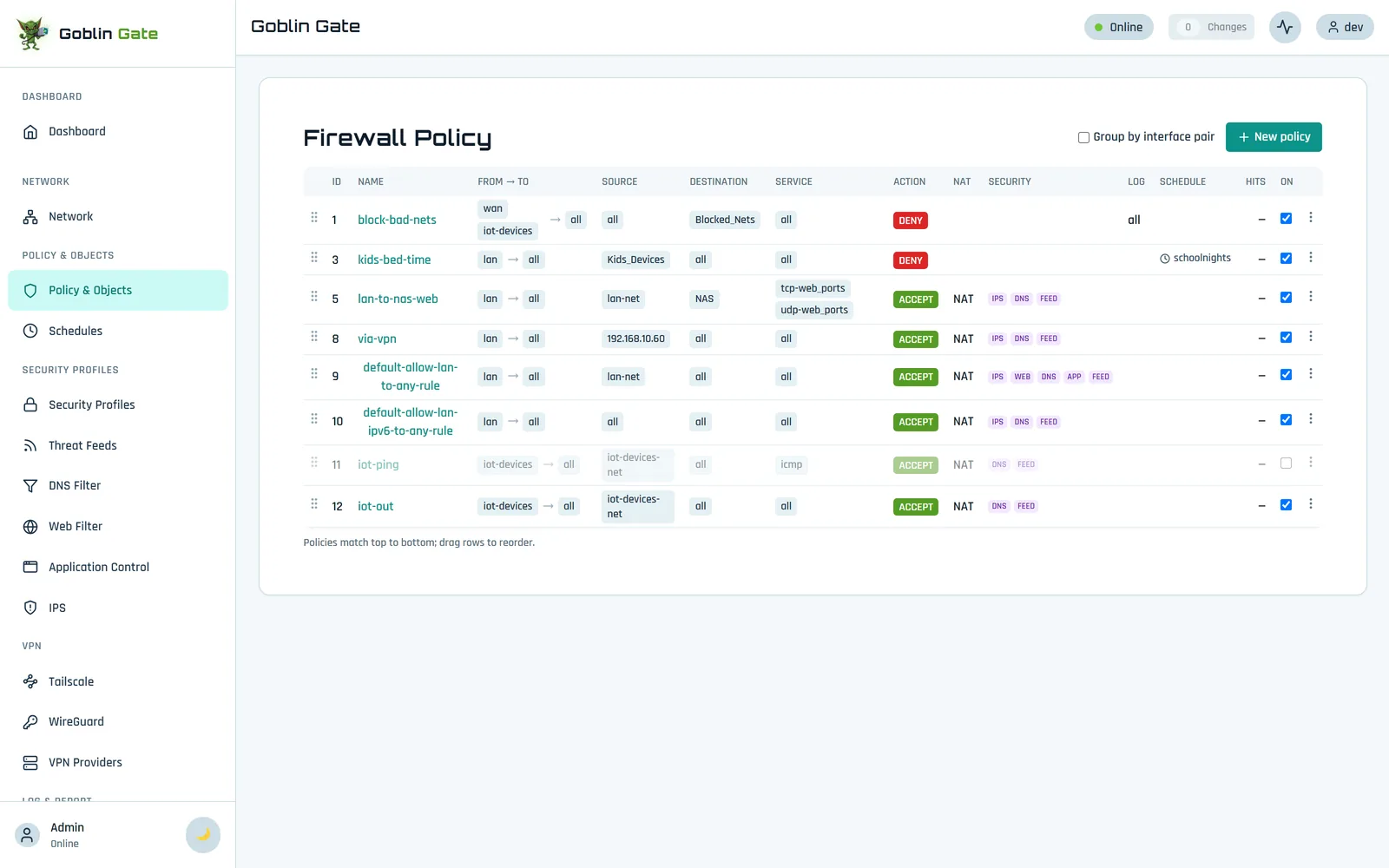 The firewall policy table in the light theme