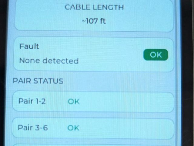 ND-1 cable test screen: about 107 ft, no fault, pairs OK